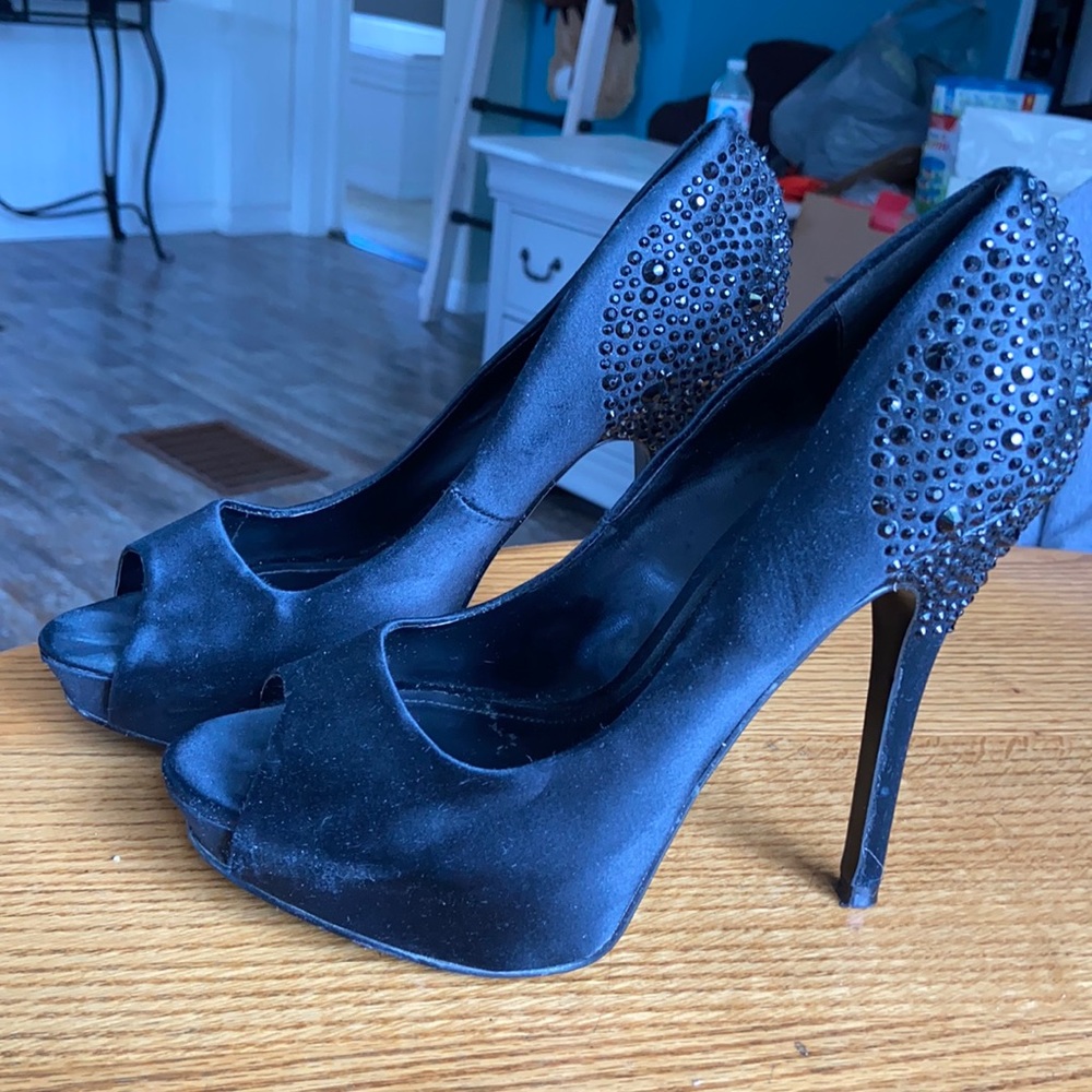 Aldos black silk heels